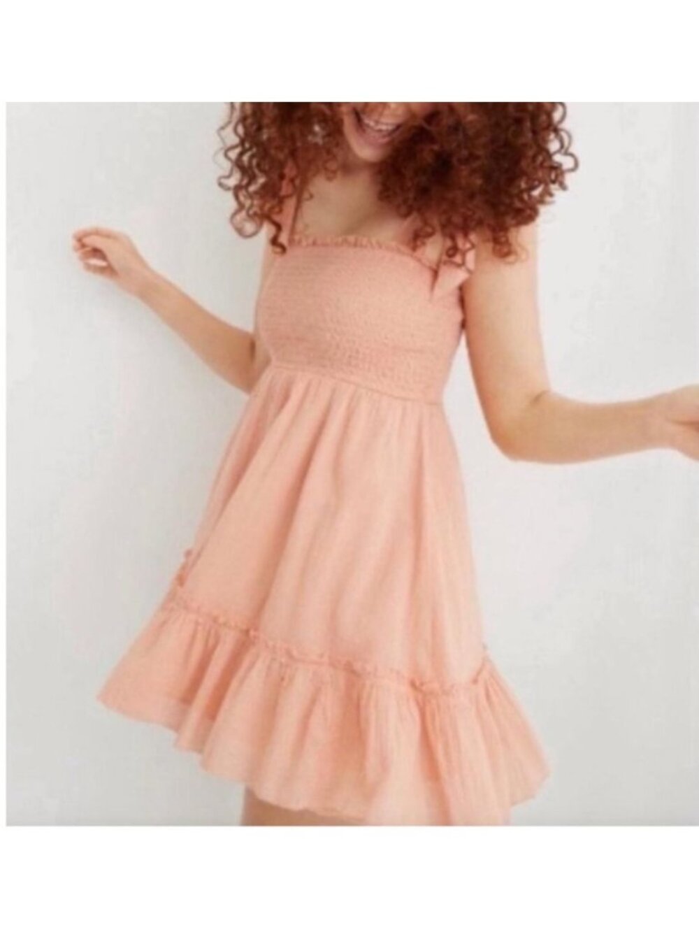 Aerie Smocked‎ Tiered Baby Doll Sun Dress Size XL Peach Tie Straps Lightweight